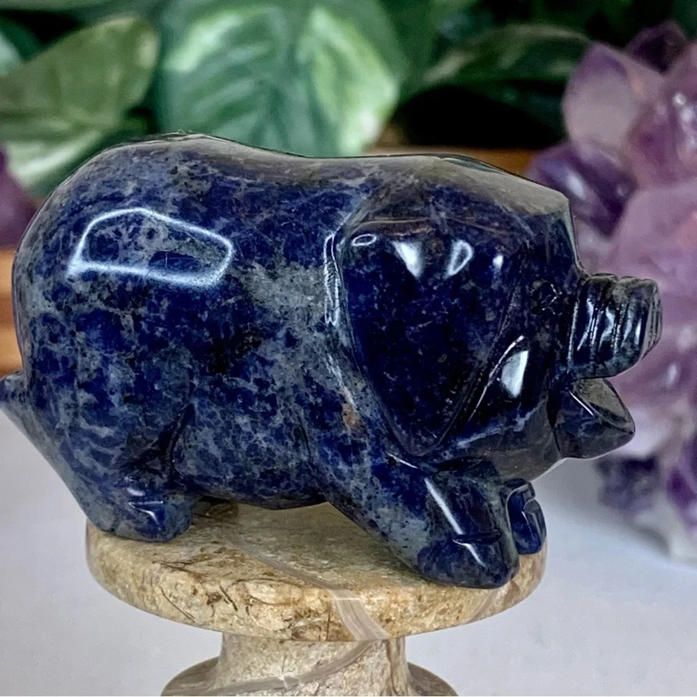 Sodalite Crystal Carved Pig Figurine Blue Stone Animal Carving Chinese Zodiac